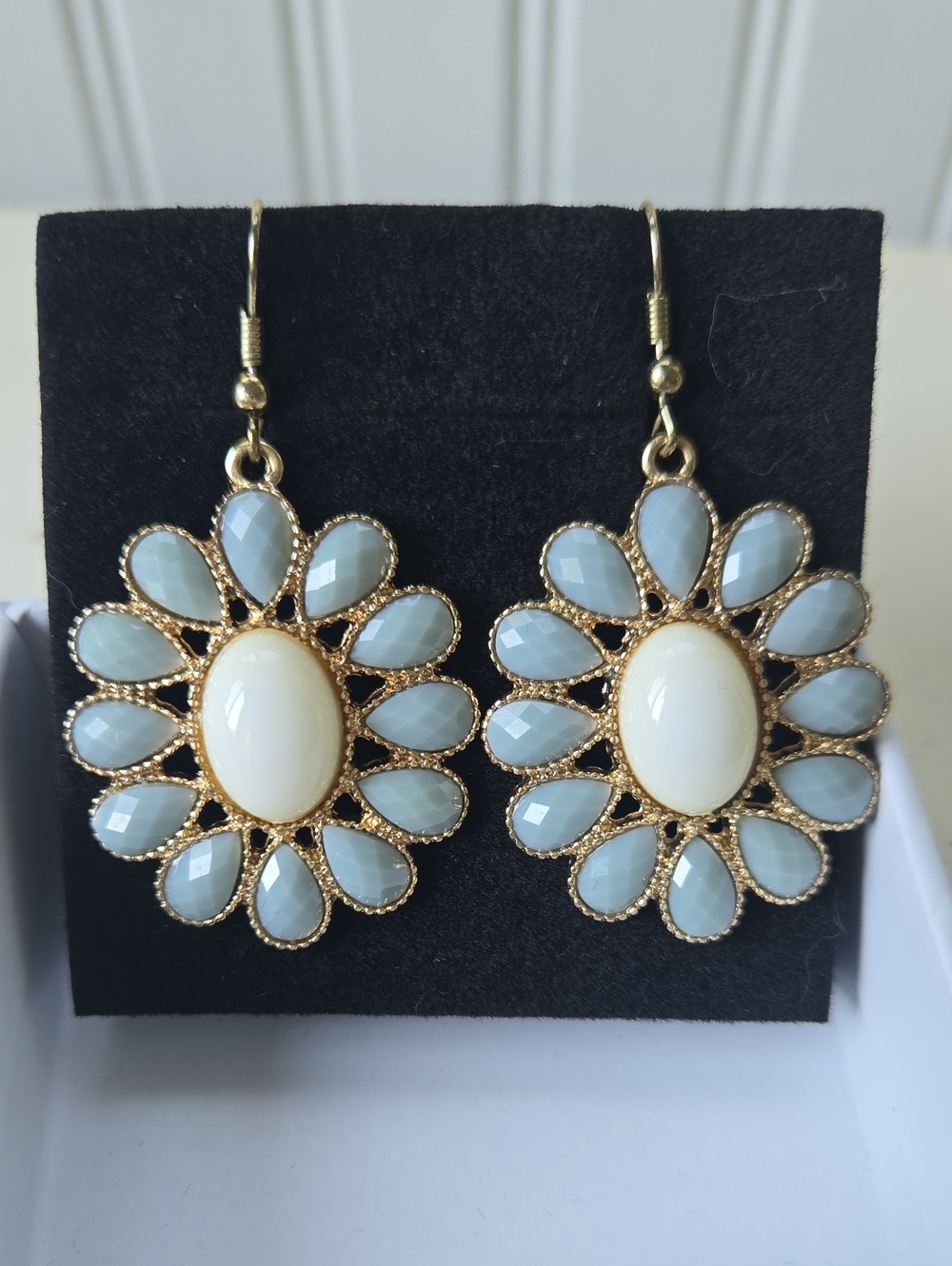 Gold Floral Drop Earrings with Pale Blue and Cream Stones